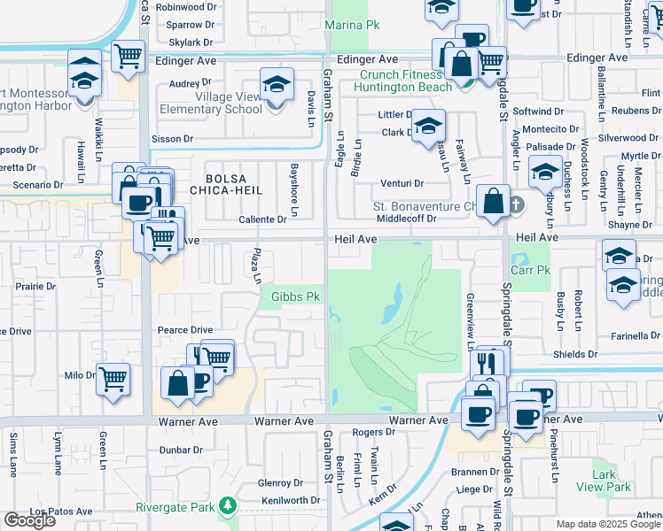 map of restaurants, bars, coffee shops, grocery stores, and more near 5542 Fernhill Circle in Huntington Beach