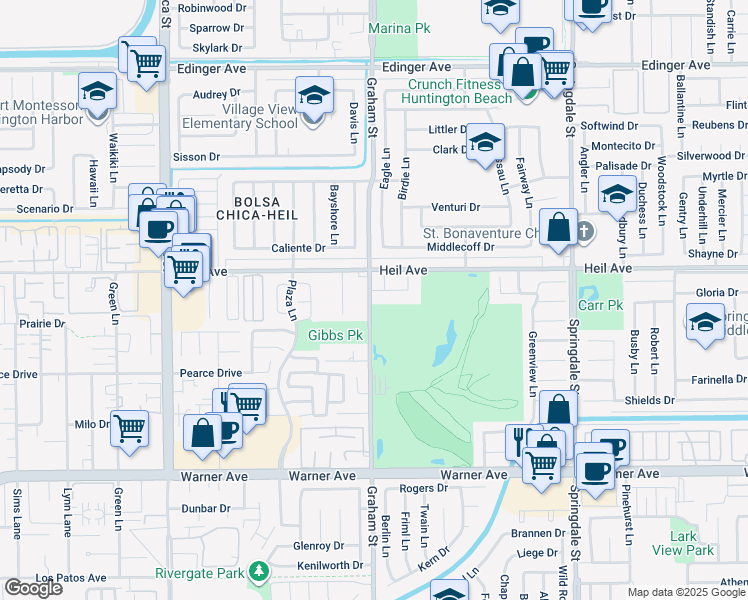 map of restaurants, bars, coffee shops, grocery stores, and more near 5542 Fernhill Circle in Huntington Beach