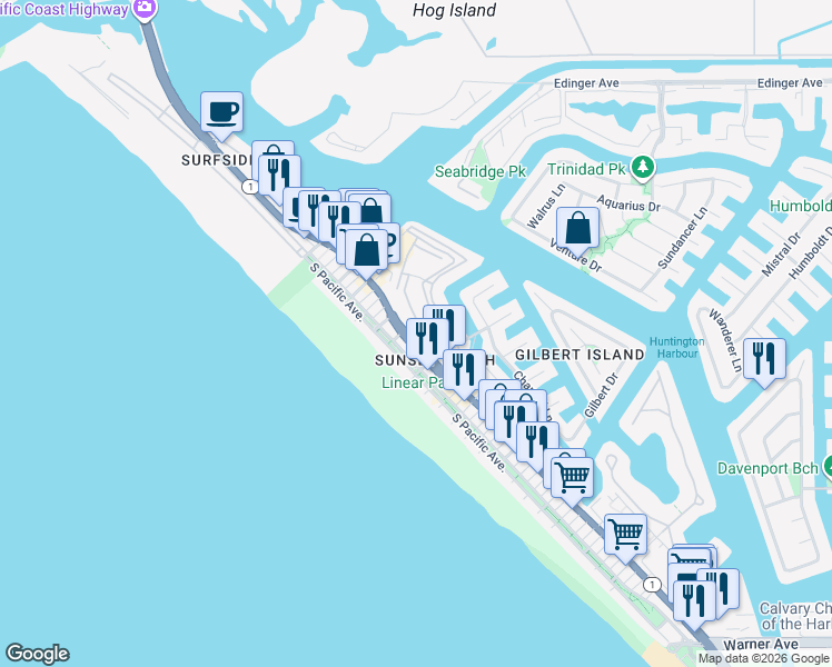map of restaurants, bars, coffee shops, grocery stores, and more near 16572 Bordeaux Lane in Huntington Beach