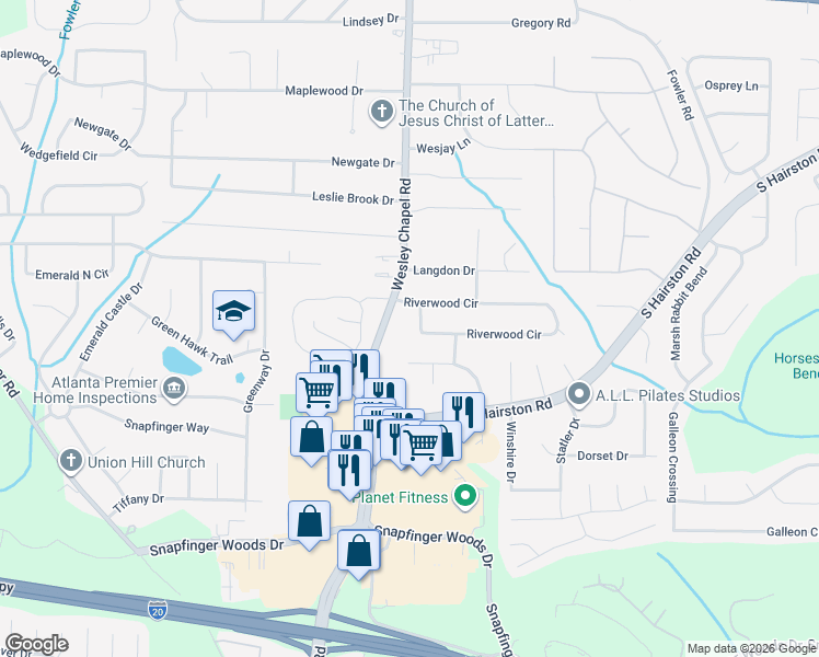 map of restaurants, bars, coffee shops, grocery stores, and more near 2300 Wesley Chapel Road in Decatur