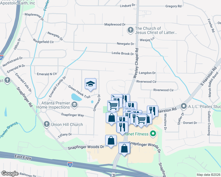 map of restaurants, bars, coffee shops, grocery stores, and more near 4213 Wesley Hall Lane in Decatur