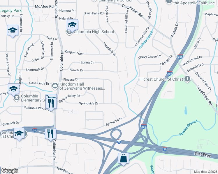 map of restaurants, bars, coffee shops, grocery stores, and more near 2295 Springside Way in Decatur