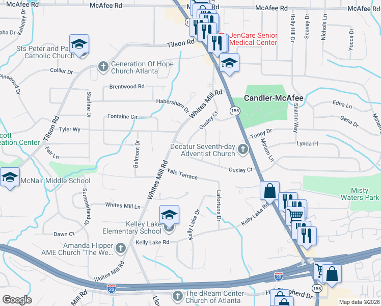 map of restaurants, bars, coffee shops, grocery stores, and more near 2366 Ousley Court in Decatur