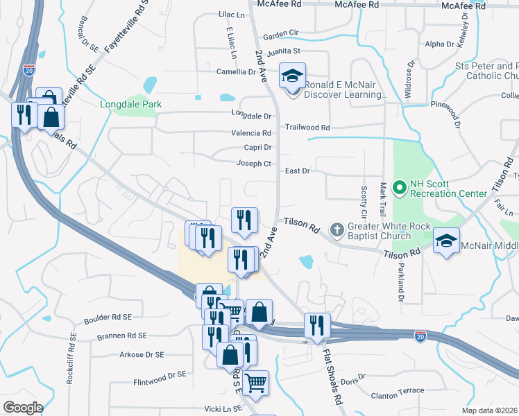 map of restaurants, bars, coffee shops, grocery stores, and more near 1970 Preston Park Place in Decatur