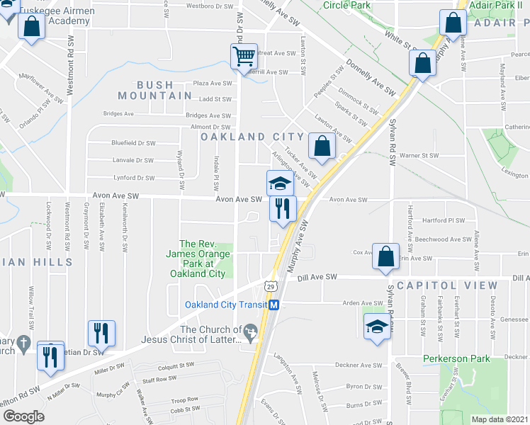 map of restaurants, bars, coffee shops, grocery stores, and more near 1227 Princess Avenue Southwest in Atlanta