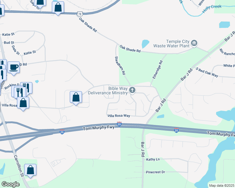 map of restaurants, bars, coffee shops, grocery stores, and more near 53 Villa Rosa Way in Temple