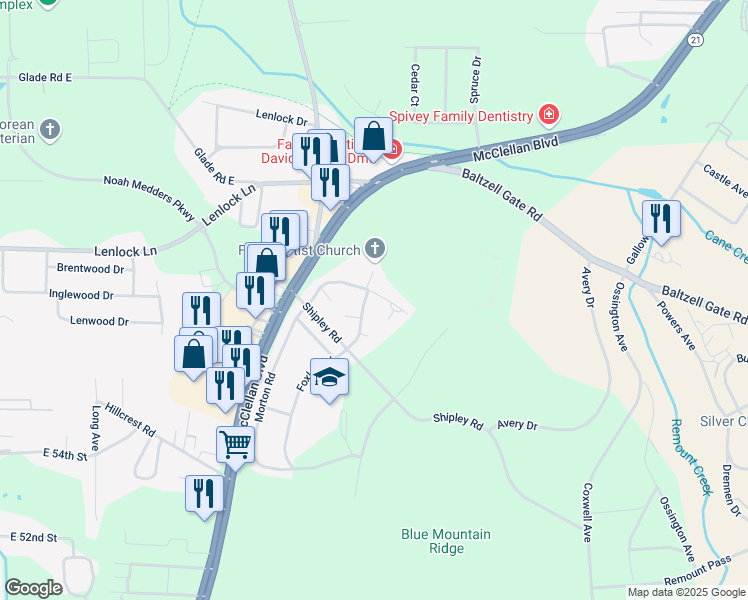 map of restaurants, bars, coffee shops, grocery stores, and more near 481 Foxley Road in Anniston