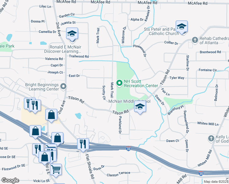 map of restaurants, bars, coffee shops, grocery stores, and more near 2320 Mark Trail in Decatur