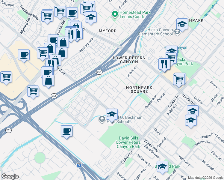 map of restaurants, bars, coffee shops, grocery stores, and more near 16 Ellistone in Irvine