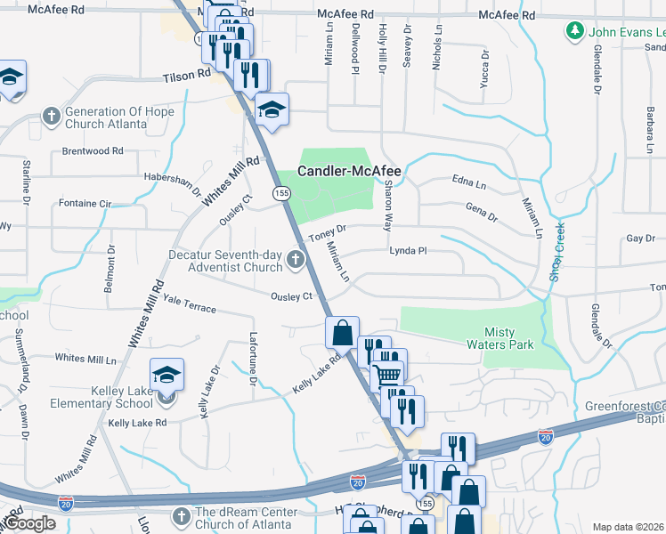 map of restaurants, bars, coffee shops, grocery stores, and more near 2784 Miriam Lane in Decatur
