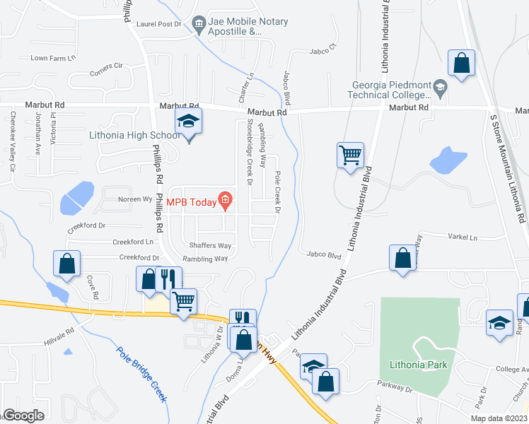 map of restaurants, bars, coffee shops, grocery stores, and more near 6442 Stonebridge Creek Lane in Lithonia