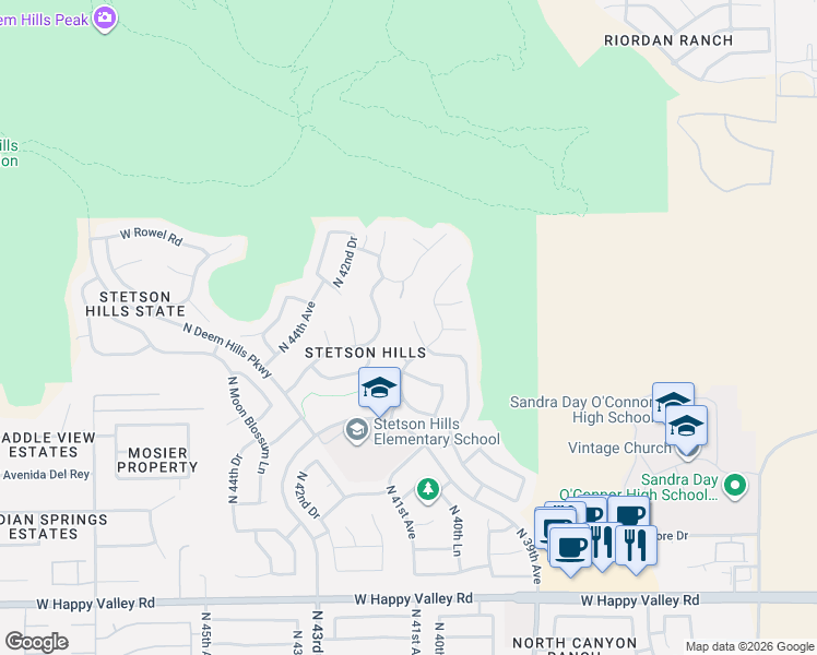 map of restaurants, bars, coffee shops, grocery stores, and more near 26024 North 41st Avenue in Phoenix