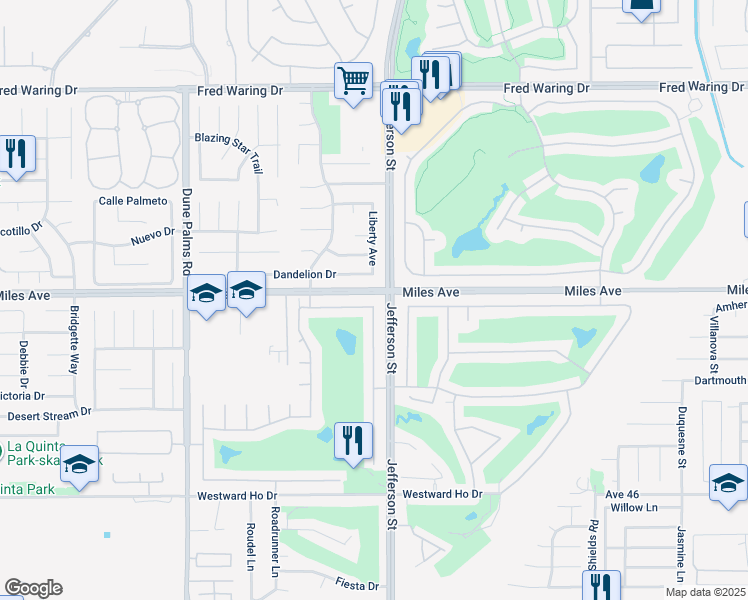 map of restaurants, bars, coffee shops, grocery stores, and more near 79960 Bethpage Avenue in Indio