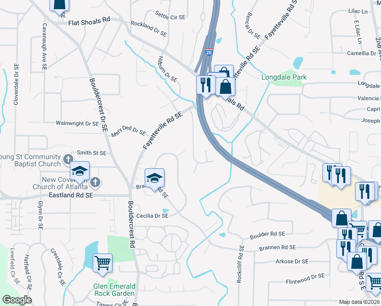 map of restaurants, bars, coffee shops, grocery stores, and more near 1583 Whitehill Way Southeast in Atlanta