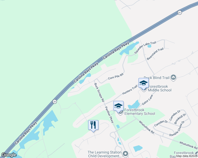 map of restaurants, bars, coffee shops, grocery stores, and more near 2609 Corn Pile Road in Myrtle Beach