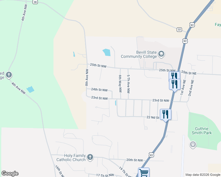 map of restaurants, bars, coffee shops, grocery stores, and more near 2499 6th Ave NW in Fayette