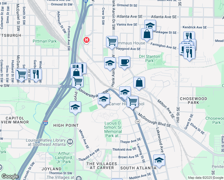 map of restaurants, bars, coffee shops, grocery stores, and more near 0 McDonough Boulevard Southeast in Atlanta