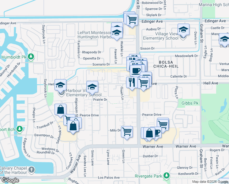 map of restaurants, bars, coffee shops, grocery stores, and more near 4791 Lago Drive in Huntington Beach