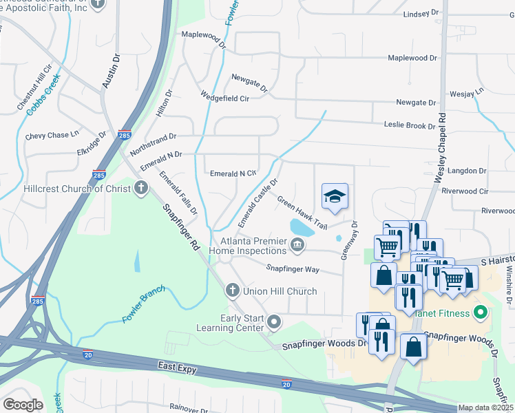 map of restaurants, bars, coffee shops, grocery stores, and more near 2270 Emerald Castle Drive in Decatur
