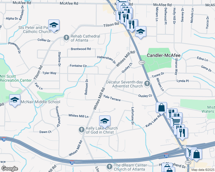 map of restaurants, bars, coffee shops, grocery stores, and more near 2226 Whites Mill Road in Decatur
