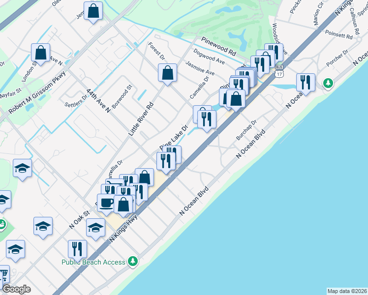 map of restaurants, bars, coffee shops, grocery stores, and more near 45050-B North Kings Highway in Myrtle Beach