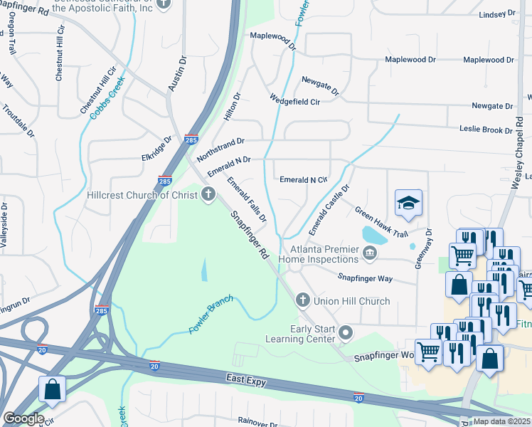 map of restaurants, bars, coffee shops, grocery stores, and more near 2342 Emerald Falls Drive in Decatur