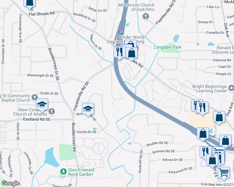 map of restaurants, bars, coffee shops, grocery stores, and more near 2431 Charleston Pointe Court Southeast in Atlanta