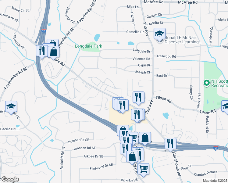 map of restaurants, bars, coffee shops, grocery stores, and more near 1880 South Hampton Lane Southeast in Atlanta