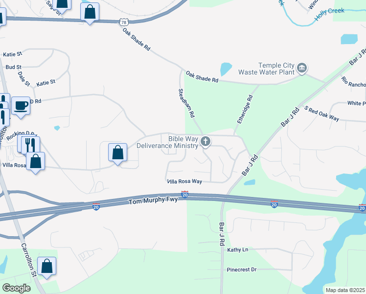 map of restaurants, bars, coffee shops, grocery stores, and more near 53 Villa Rosa Way in Temple