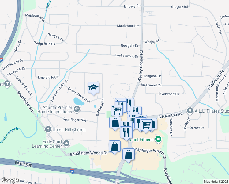 map of restaurants, bars, coffee shops, grocery stores, and more near 4203 Wesley Hall Lane in Decatur