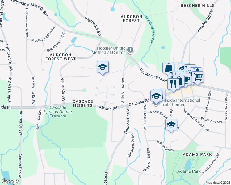 map of restaurants, bars, coffee shops, grocery stores, and more near 1249 Springhouse Lane Southwest in Atlanta