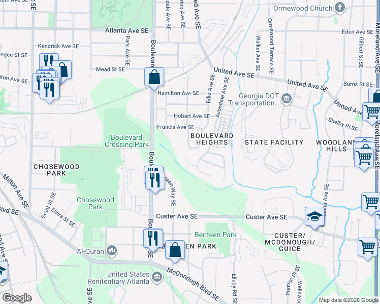 map of restaurants, bars, coffee shops, grocery stores, and more near 1227 Avondale Avenue Southeast in Atlanta