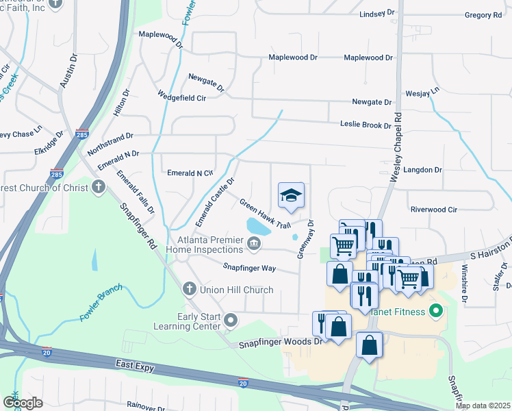 map of restaurants, bars, coffee shops, grocery stores, and more near 4074 Green Hawk Trail in Decatur