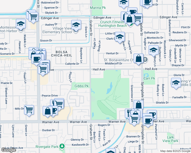 map of restaurants, bars, coffee shops, grocery stores, and more near 5542 Fernhill Circle in Huntington Beach