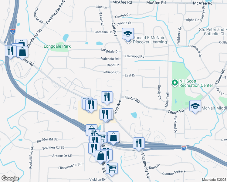 map of restaurants, bars, coffee shops, grocery stores, and more near 1970 Preston Park Place in Decatur