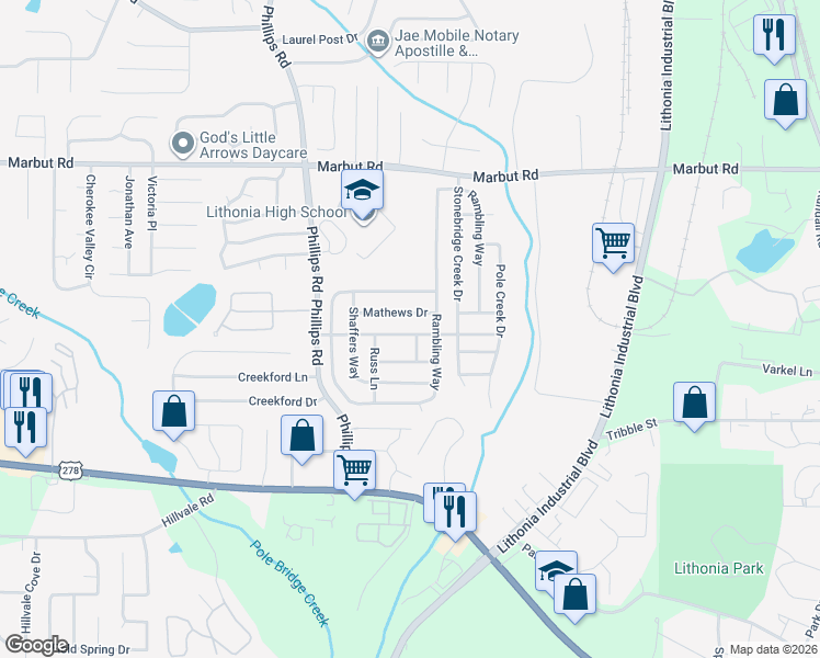 map of restaurants, bars, coffee shops, grocery stores, and more near 6384 Stonebridge Creek Lane in Lithonia