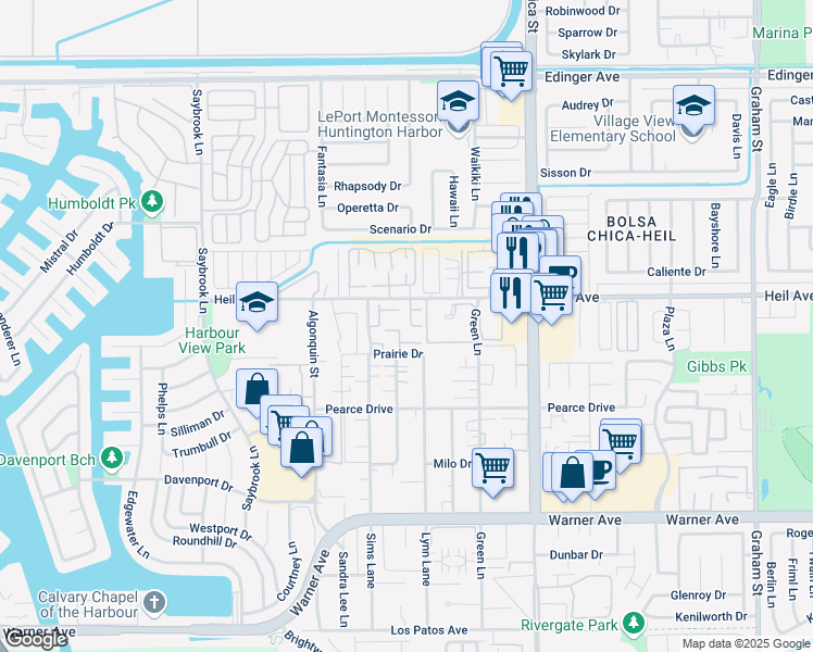 map of restaurants, bars, coffee shops, grocery stores, and more near 4694 Oceano Circle in Huntington Beach