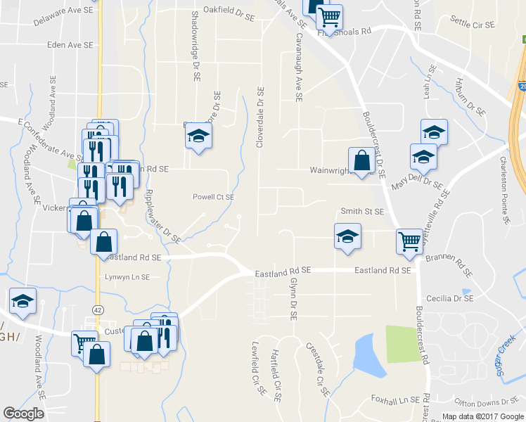 map of restaurants, bars, coffee shops, grocery stores, and more near 2332 Cloverdale Drive Southeast in Atlanta