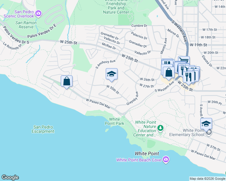 map of restaurants, bars, coffee shops, grocery stores, and more near 2037 West 35th Street in Los Angeles