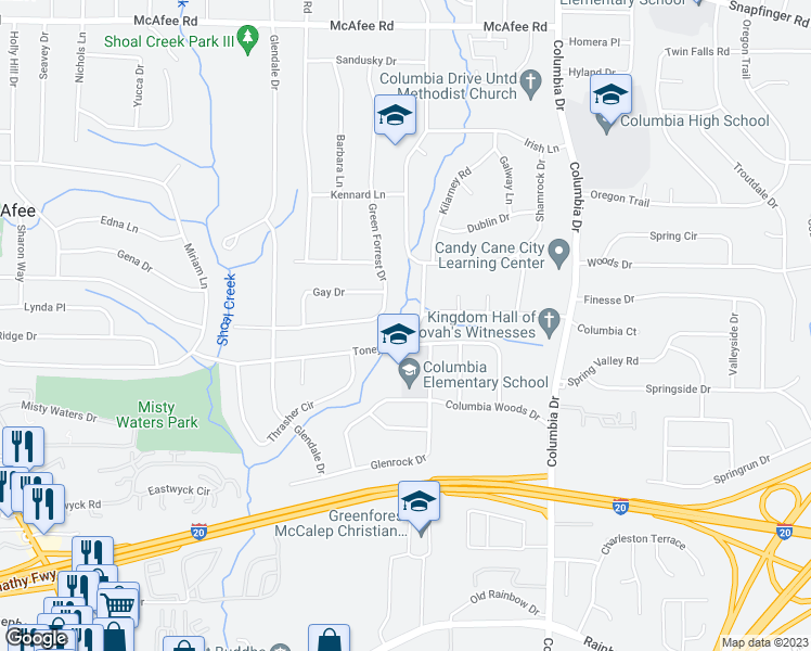 map of restaurants, bars, coffee shops, grocery stores, and more near 2299 Saratoga Drive in Decatur