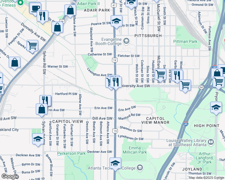 map of restaurants, bars, coffee shops, grocery stores, and more near 1217 Metropolitan Parkway Southwest in Atlanta