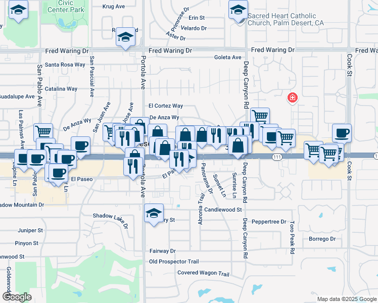 map of restaurants, bars, coffee shops, grocery stores, and more near 74210 California 111 in Palm Desert