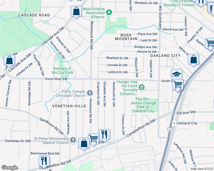 map of restaurants, bars, coffee shops, grocery stores, and more near 1228 Elizabeth Avenue Southwest in Atlanta