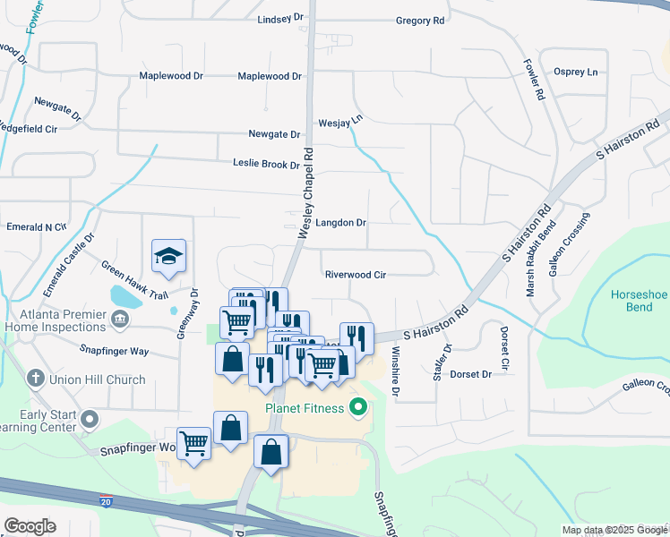 map of restaurants, bars, coffee shops, grocery stores, and more near 4702 Riverwood Circle in Decatur