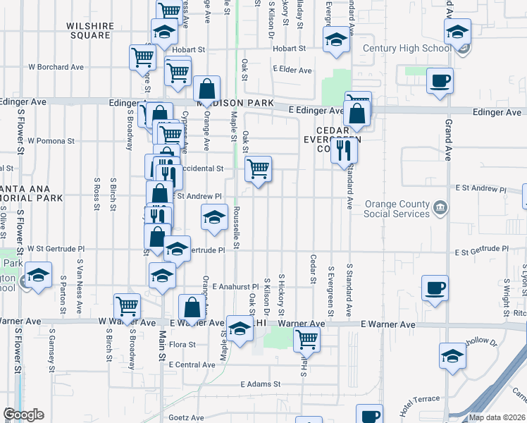 map of restaurants, bars, coffee shops, grocery stores, and more near 2018 South Kilson Drive in Santa Ana