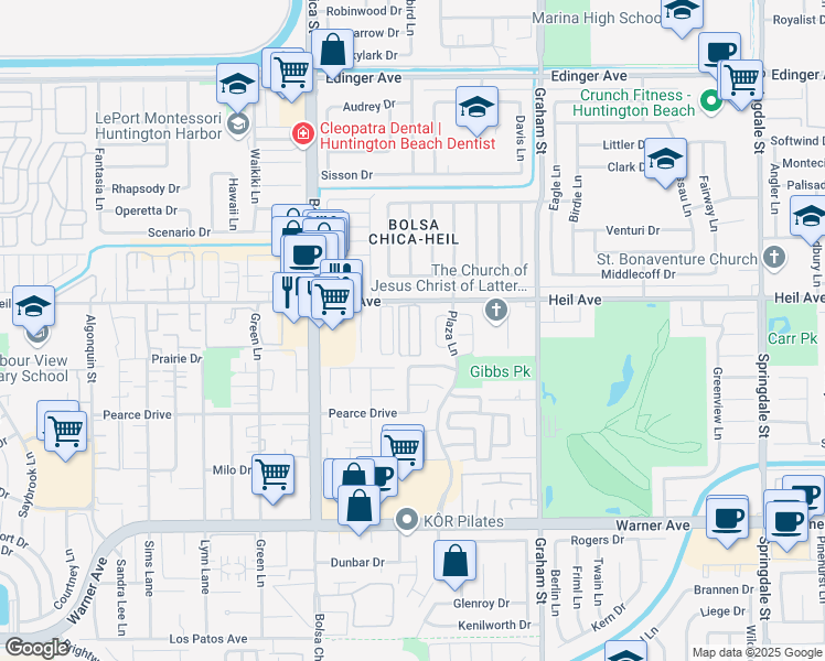 map of restaurants, bars, coffee shops, grocery stores, and more near 5200 Heil Avenue in Huntington Beach