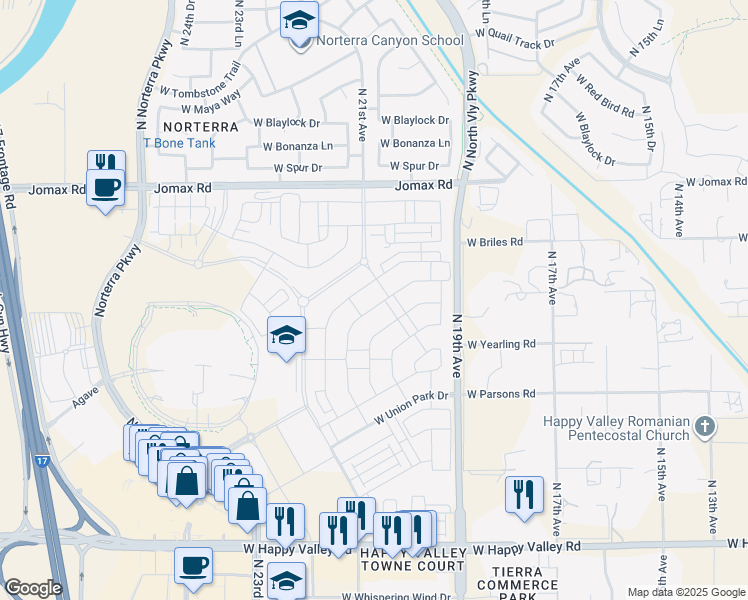 map of restaurants, bars, coffee shops, grocery stores, and more near 1942 West Chisum Trail in Phoenix
