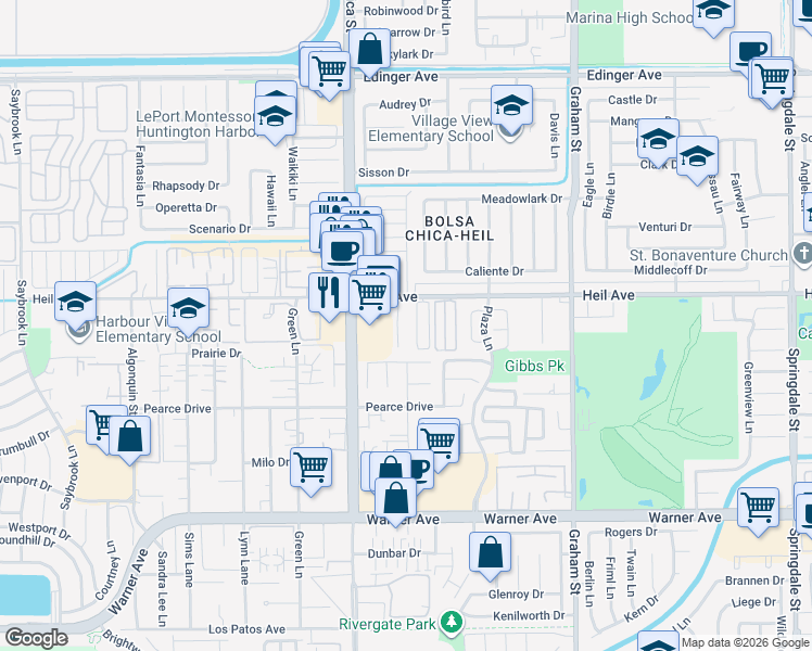 map of restaurants, bars, coffee shops, grocery stores, and more near 16572 Regina Circle in Huntington Beach