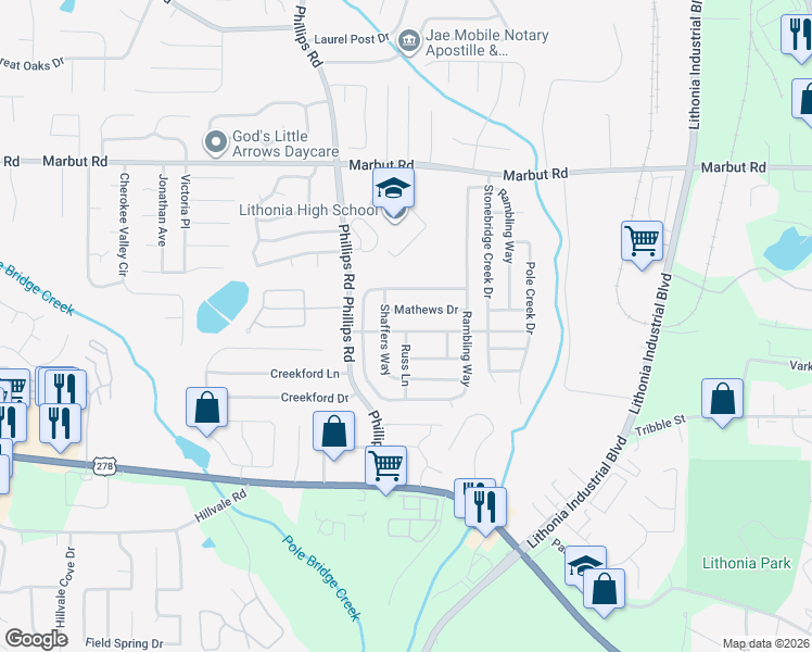 map of restaurants, bars, coffee shops, grocery stores, and more near 6342 Stonebridge Creek Lane in Lithonia