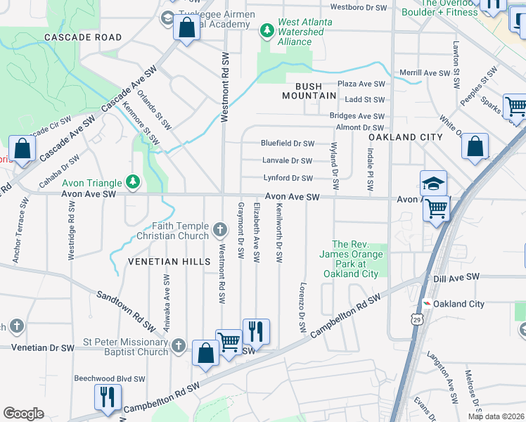map of restaurants, bars, coffee shops, grocery stores, and more near 1228 Elizabeth Avenue Southwest in Atlanta